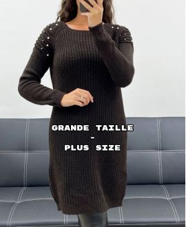 PLUS SIZE BRAUNES PERLENBESETZTES STRICKPULLOVERKLEID AH36299