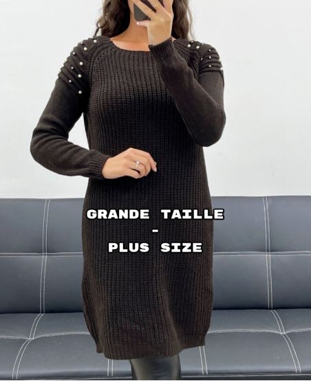 PLUS SIZE ABITO MAGLIONE IN MAGLIA CON PERLINE MARRONI AH36299