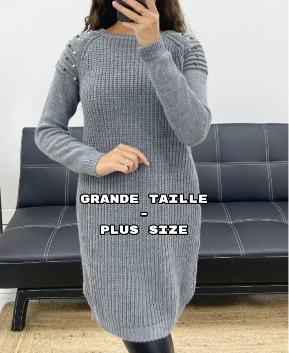 GRANDE TAILLE ROBE-PULL MAILLE A PERLES AH36299 GRIS