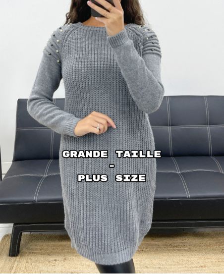 PLUS SIZE BEADED KNIT SWEATER DRESS AH36299 GREY