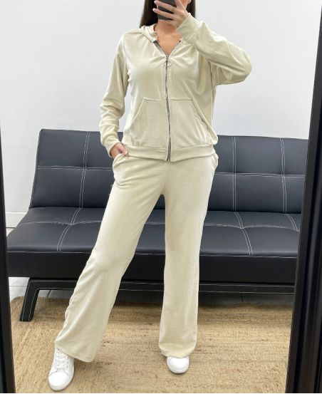ENSEMBLE GILET A CAPUCHE + PANTALON 2 POCHE VELOURS CLOUTé AH36382 BEIGE