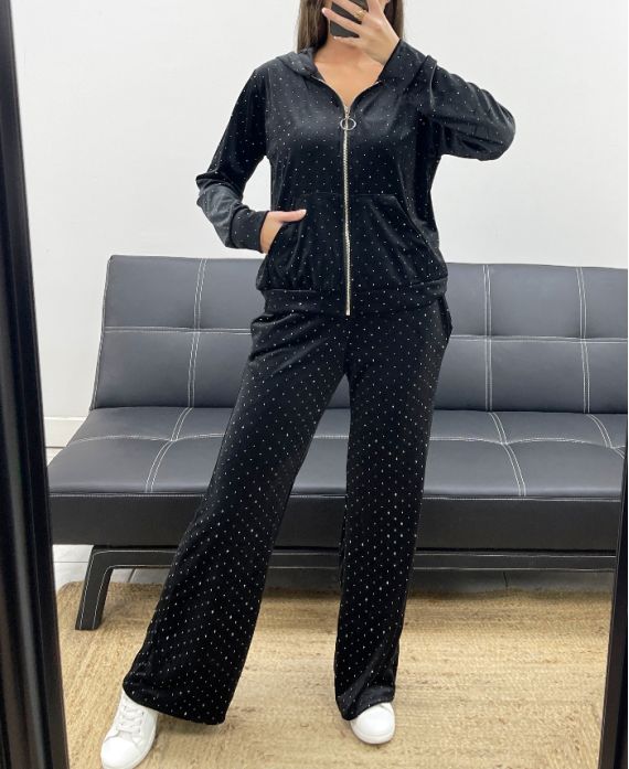 VEST MET CAPUCHON + 2-POCKET BROEK SET ZWART FLUWEEL MET STUDS AH36382