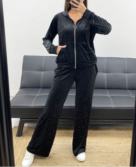 HOODED VEST + 2-POCKET PANTS SET BLACK STUDDED VELVET AH36382
