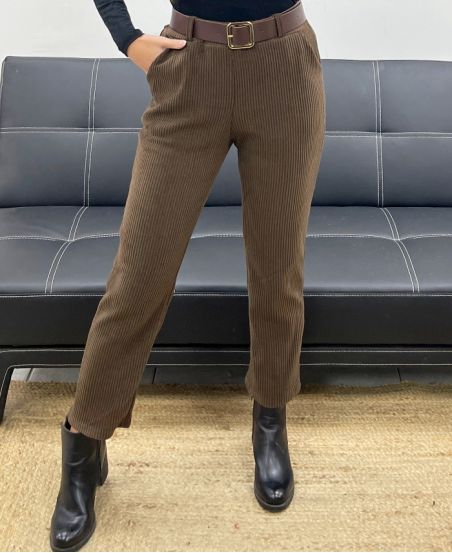 CONFEZIONE DA 5 PANTALONI IN VELLUTO 2 TASCHE + CINTURA S-M-L-XL-XXL AH250641 CIOCCOLATO