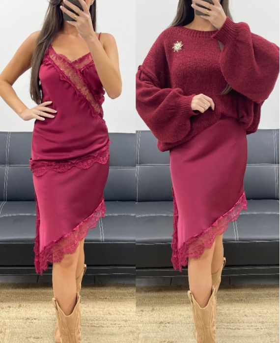 ASYMMETRICAL LACE SATIN SKIRT AH36284 BURGUNDY