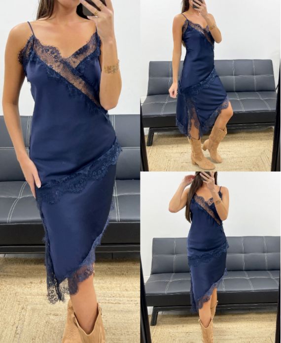 ASYMMETRICAL SATIN SKIRT LACE AH36284 NAVY