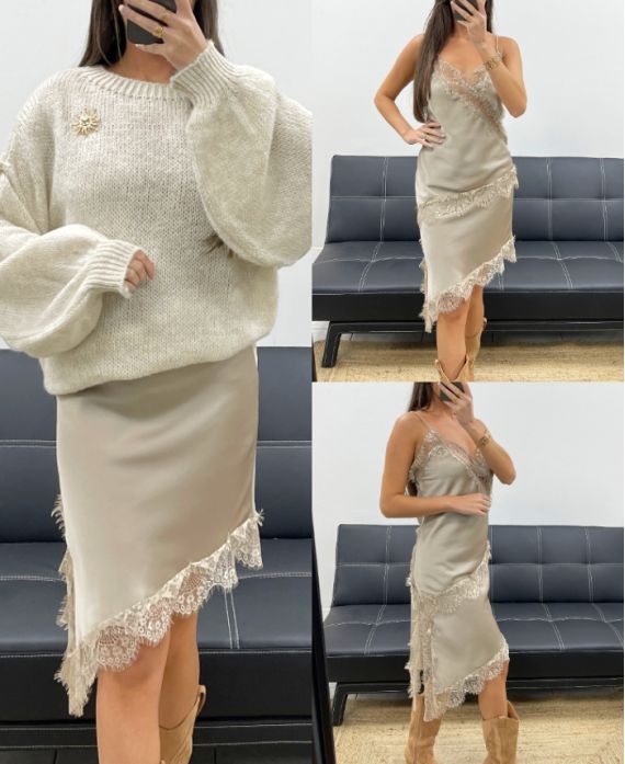 GONNA ASIMMETRICA IN RASO DI PIZZO AH36284 BEIGE