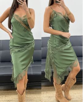 ASYMMETRICAL LACE SATIN SKIRT AH36284 KHAKI