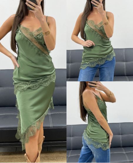 KHAKIFARBENES TOP AUS SATIN AUS SPITZE, AH36283