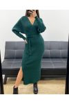 LONG RIBBED KNIT DRESS WITH SLITS + BELT AH250645 GREEN
