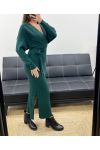ROBE LONGUE MAILLE COTELéE FENTES + CEINTURE AH250645 VERT
