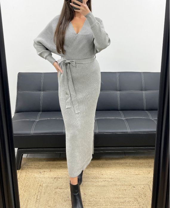 VESTIDO LARGO DE PUNTO ACANALADO CON PANTALÓN + CINTURÓN AH250645 GRIS