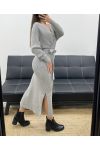 ROBE LONGUE MAILLE COTELéE FENTES + CEINTURE AH250645 GRIS
