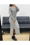 VESTIDO LARGO DE PUNTO ACANALADO CON PANTALÓN + CINTURÓN AH250645 GRIS