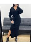 LONG RIBBED KNIT DRESS WITH SLITS + BLACK AH250645 BELT
