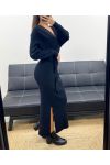 LONG RIBBED KNIT DRESS WITH SLITS + BLACK AH250645 BELT