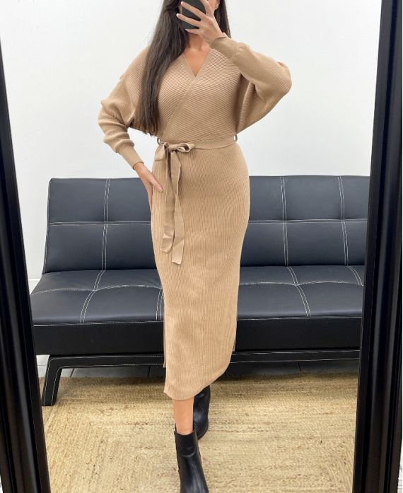 LONG RIBBED KNIT DRESS WITH SLITS + AH250645 BELT