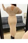 ROBE LONGUE MAILLE COTELéE FENTES + CEINTURE AH250645 CAMEL
