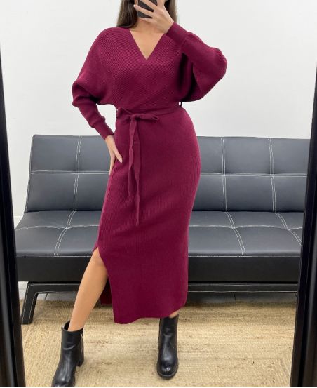 LONG RIBBED KNIT DRESS WITH FENDERS + BELT AH250645 BURGUNDY