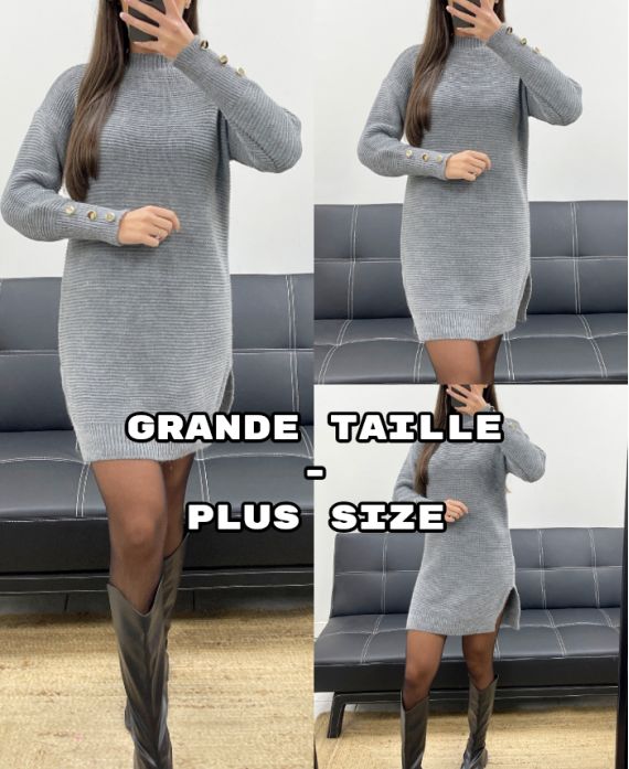 VESTIDO JERSEY DE TALLA GRANDE CON MANGAS ABOTONADAS AH250707 GRIS