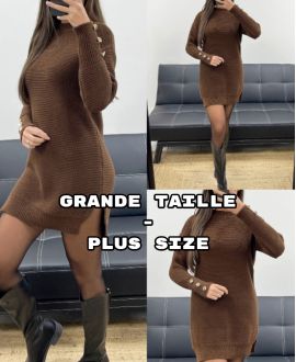 PLUS SIZE BROWN BUTTON-SLEEVED SWEATER DRESS AH250707