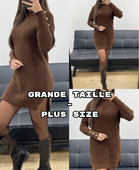 PLUS SIZE BROWN BUTTON-SLEEVED SWEATER DRESS AH250707