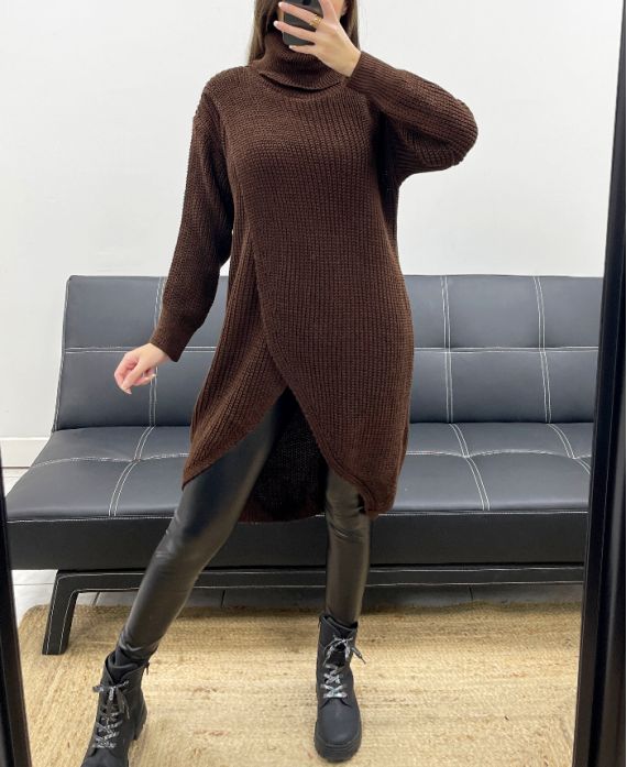 PULL LONG DRAPé AH250609 CHOCOLAT