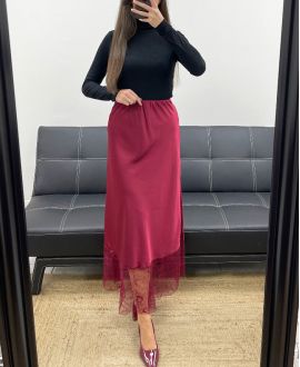 LONG LACE SATIN SKIRT AH250718 BURGUNDY
