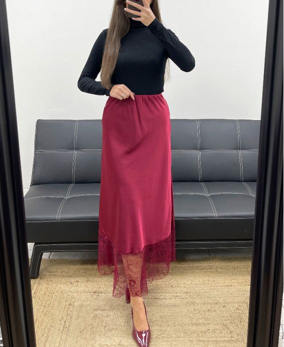 LONG LACE SATIN SKIRT AH250718 BURGUNDY