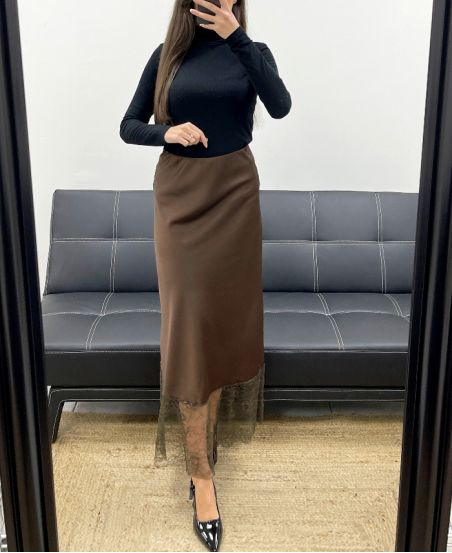 GONNA LUNGA IN RASO DI PIZZO AH250718 CIOCCOLATO