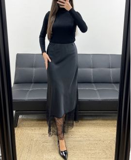 LONG LACE SATIN SKIRT AH250718 BLACK