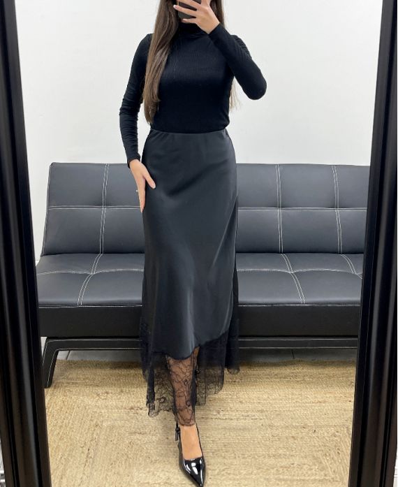 LONG LACE SATIN SKIRT AH250718 BLACK