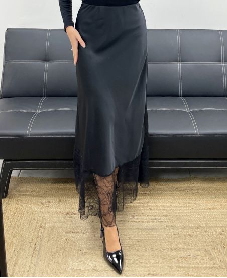 LONG LACE SATIN SKIRT AH250718 BLACK
