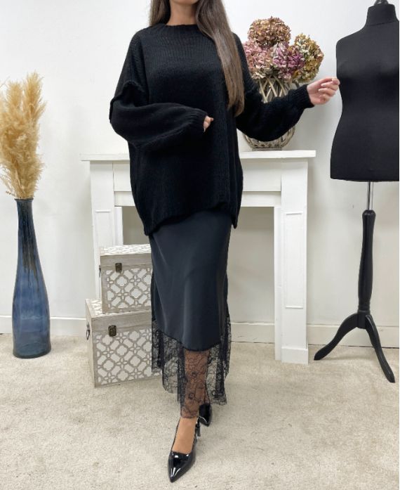 LONG LACE SATIN SKIRT AH250718 BLACK