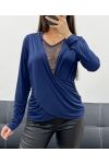 NAVY BLUE DRAPED LACE TOP AH250660