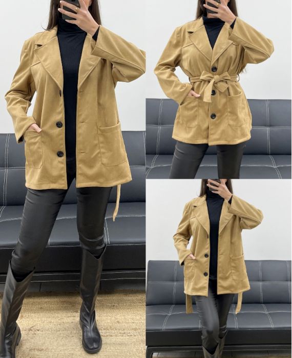 CHAQUETA DE GAMUZA DE 2 BOLSILLOS + AH250631 CINTURÓN CAMEL