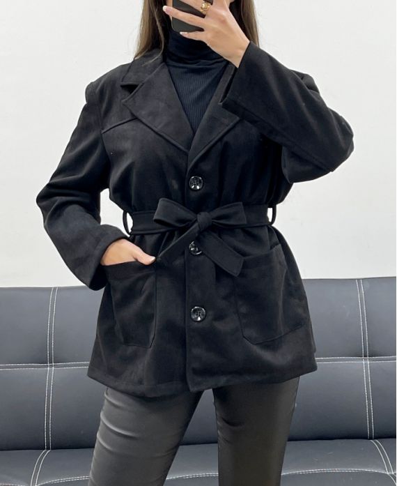 CHAQUETA DE ANTE 2 BOLSILLOS + CINTURÓN AH250631 NEGRO