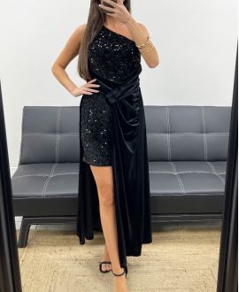 LANGES KLEID MIT PAILLETTEN AUS SAMT AH250667 SCHWARZ