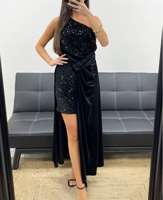 LANGES KLEID MIT PAILLETTEN AUS SAMT AH250667 SCHWARZ