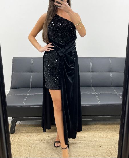 ABITO LUNGO CON VELLUTO DI PAILLETTES AH250667 NERO