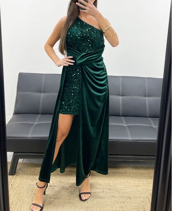 LONG DRESS WITH SEQUIN VELVET AH250667 GREEN