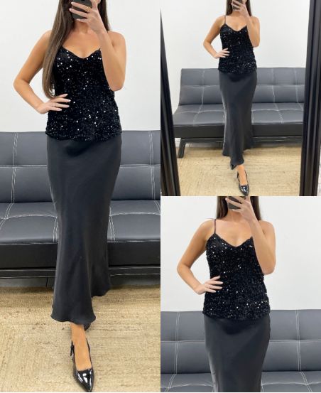 TOP TOP CON CINTURINO IN PAILLETTES NERE AH250664