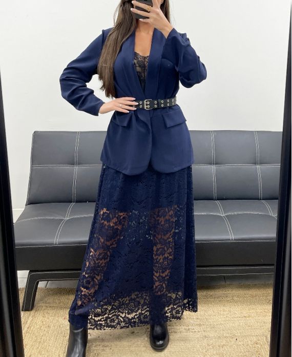 GONNA LUNGA IN PIZZO BLU NAVY AH250679