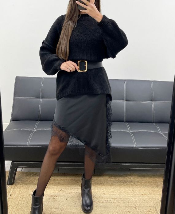 ASYMMETRICAL LACE SATIN DRESS WITH SLIT AH250685 BLACK