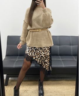 ROBE SATIN DENTELLE ASYMETRIQUE FENTE AH250685 LEOPARD