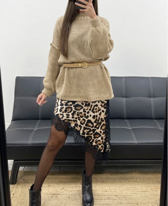 VESTIDO ASIMÉTRICO DE SATÉN DE ENCAJE CON ABERTURA AH250685 LEOPARDO