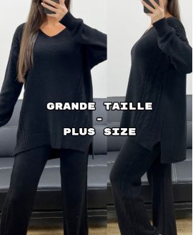GRANDE TAILLE ENSEMBLE MAILLE PULLOVER + PANTALON AH250721 NOIR