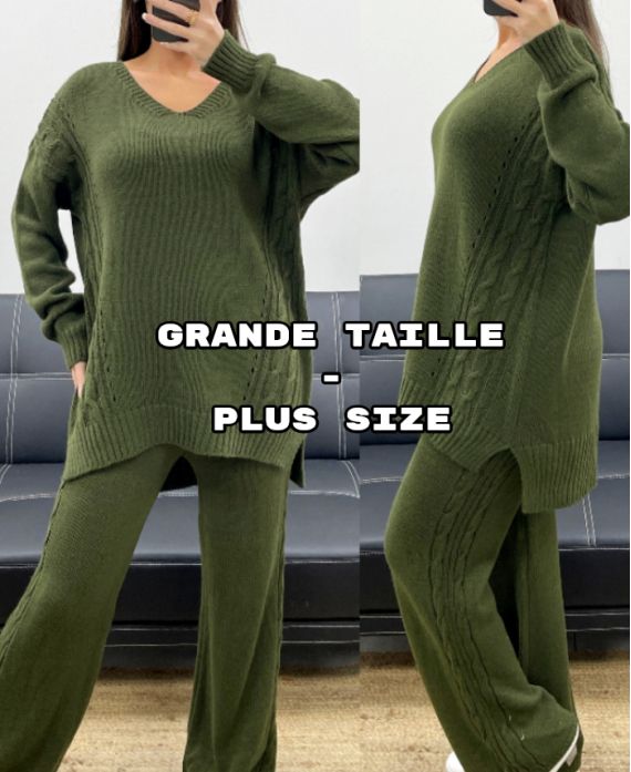 GRANDE TAILLE ENSEMBLE MAILLE PULLOVER + PANTALON AH250721 KAKI