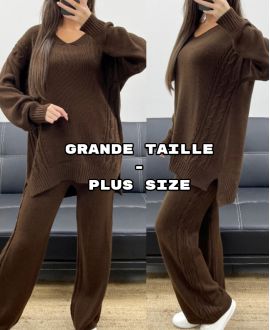 CONJUNTO DE JERSEY DE PUNTO DE TALLA GRANDE + PANTALÓN CHOCOLATE AH250721