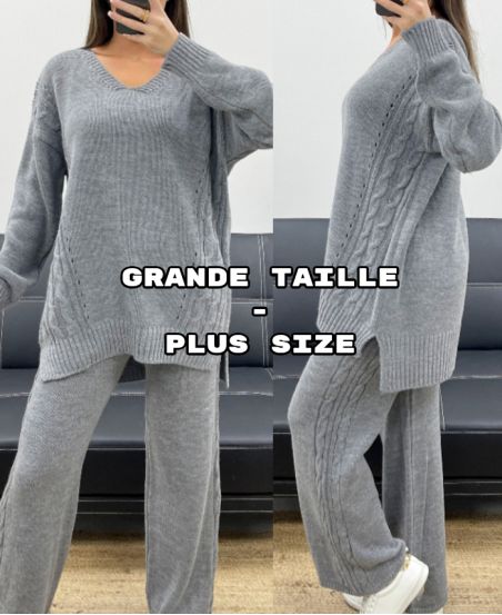 CONJUNTO DE PUNTO JERSEY DE TALLA GRANDE + PANTALÓN AH250721 GRIS
